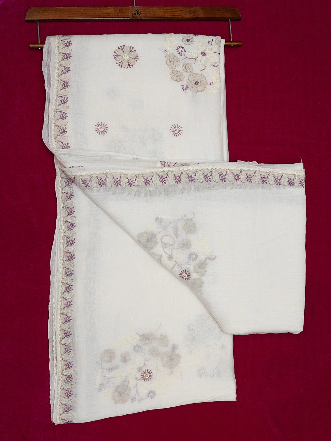 Ada Hand Embroidered Powder White Chanderi Lucknowi Chikankari Saree and Blouse 01A660583