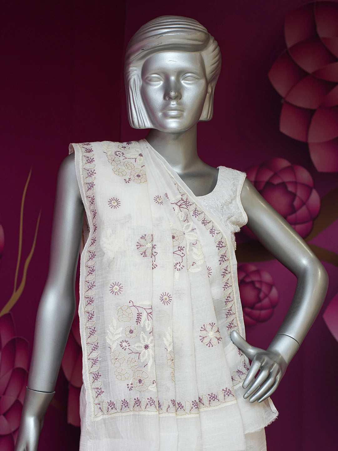 Ada Hand Embroidered Powder White Chanderi Lucknowi Chikankari Saree and Blouse 01A660583
