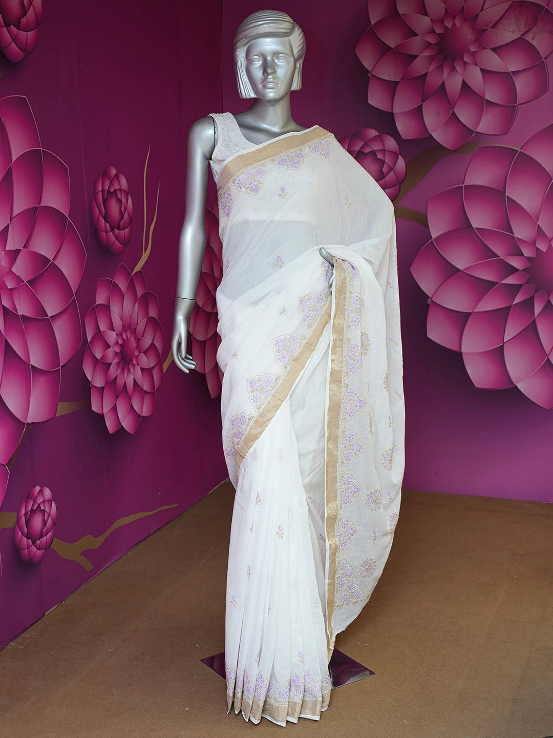 Ada Hand Embroidered Smoke White Cotton Lucknowi Chikankari Saree and Blouse 01A696841