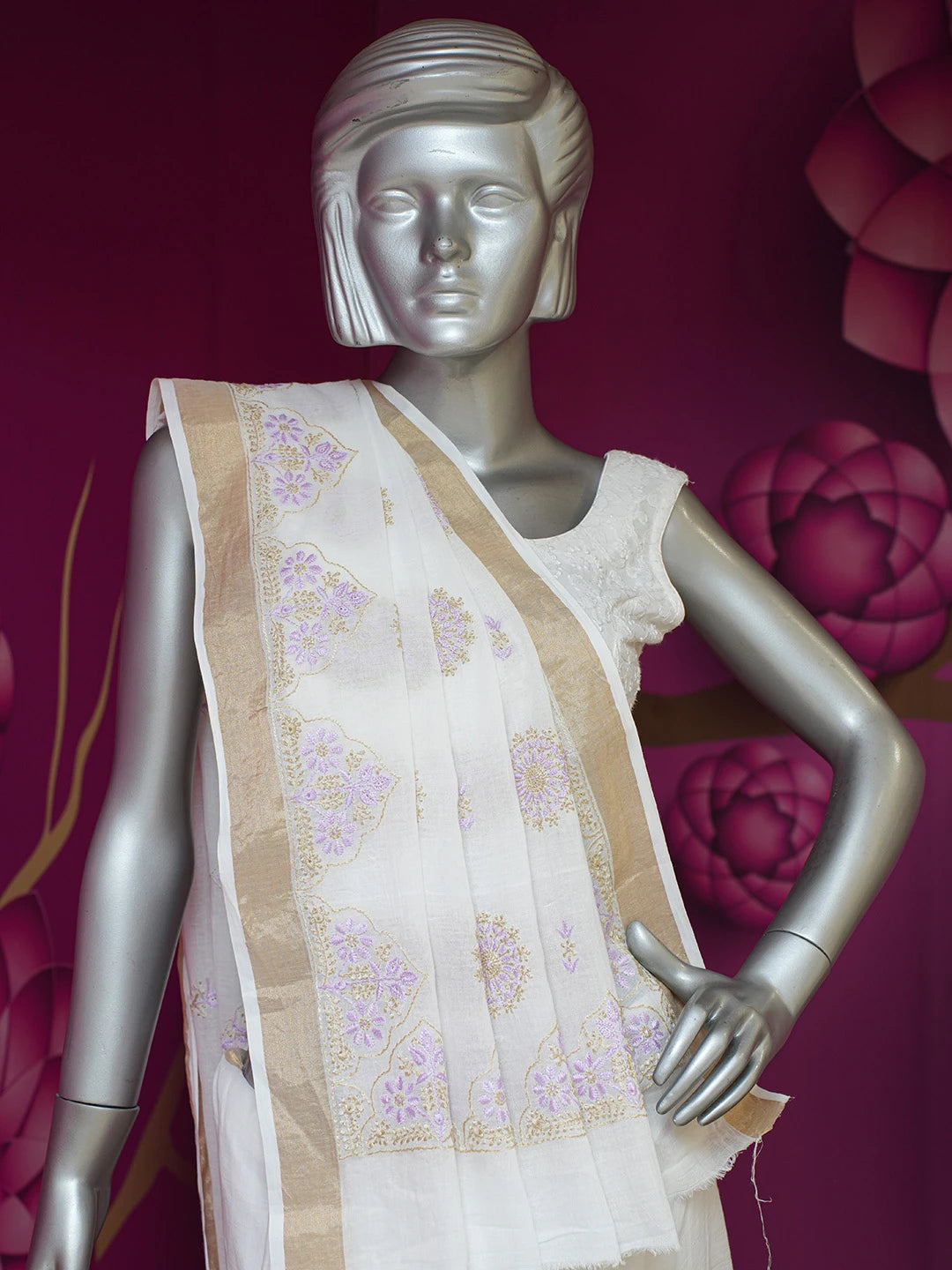 Ada Hand Embroidered Smoke White Cotton Lucknowi Chikankari Saree and Blouse 01A696841