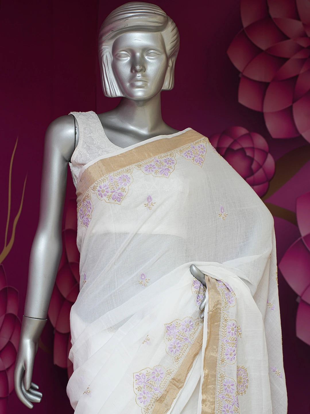Ada Hand Embroidered Smoke White Cotton Lucknowi Chikankari Saree and Blouse 01A696841