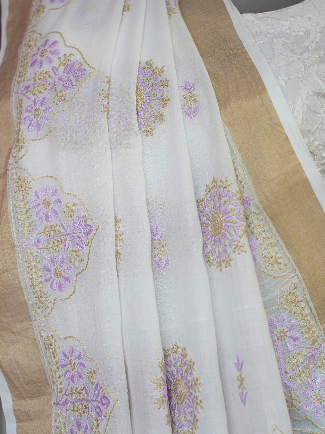 Ada Hand Embroidered Smoke White Cotton Lucknowi Chikankari Saree and Blouse 01A696841