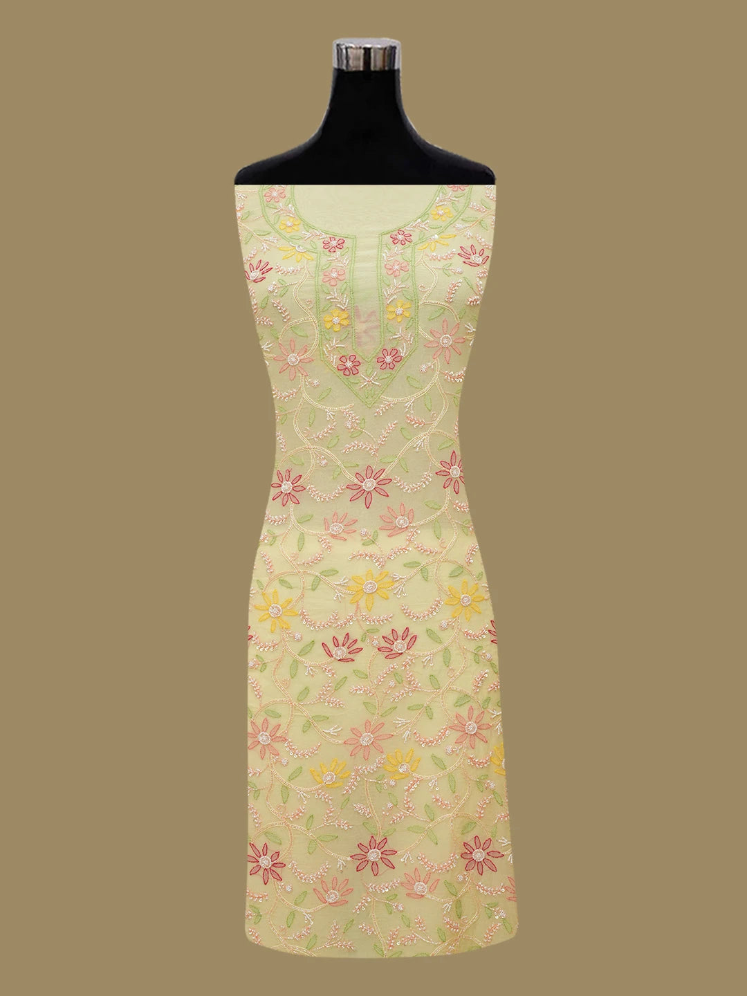 Ada Hand Embroidered Yellow Organza Lucknowi Chikankari Unstitched Kurta Dupatta Set With Pearl Work 01A439965
