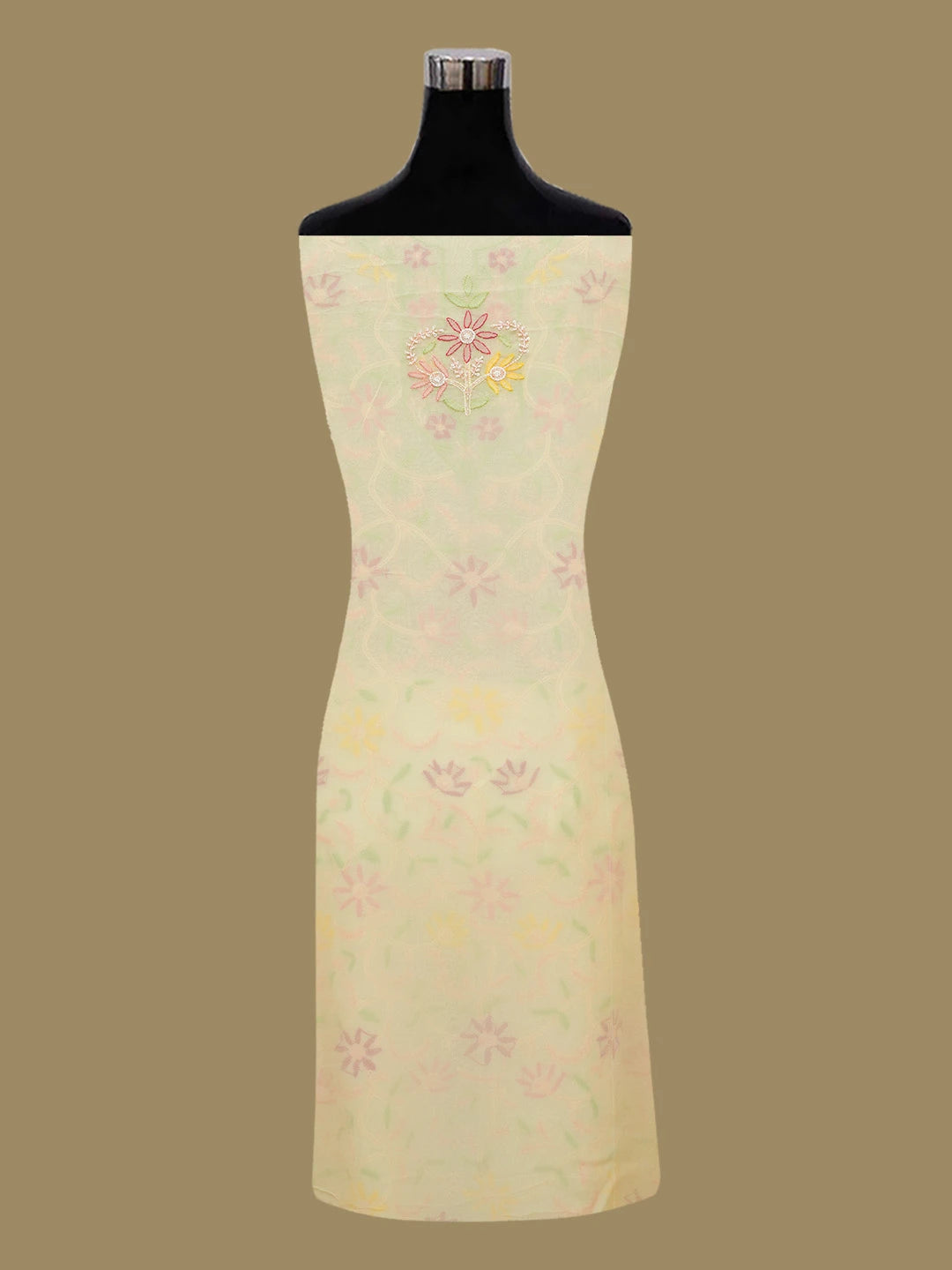 Ada Hand Embroidered Yellow Organza Lucknowi Chikankari Unstitched Kurta Dupatta Set With Pearl Work 01A439965