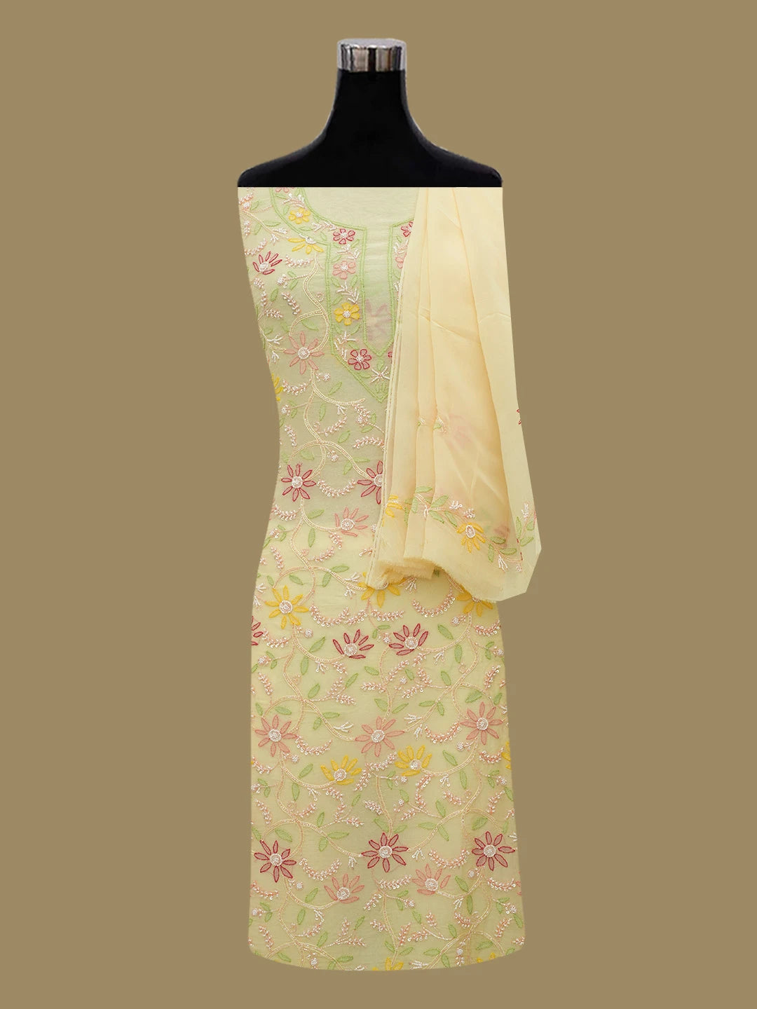 Ada Hand Embroidered Yellow Organza Lucknowi Chikankari Unstitched Kurta Dupatta Set With Pearl Work 01A439965