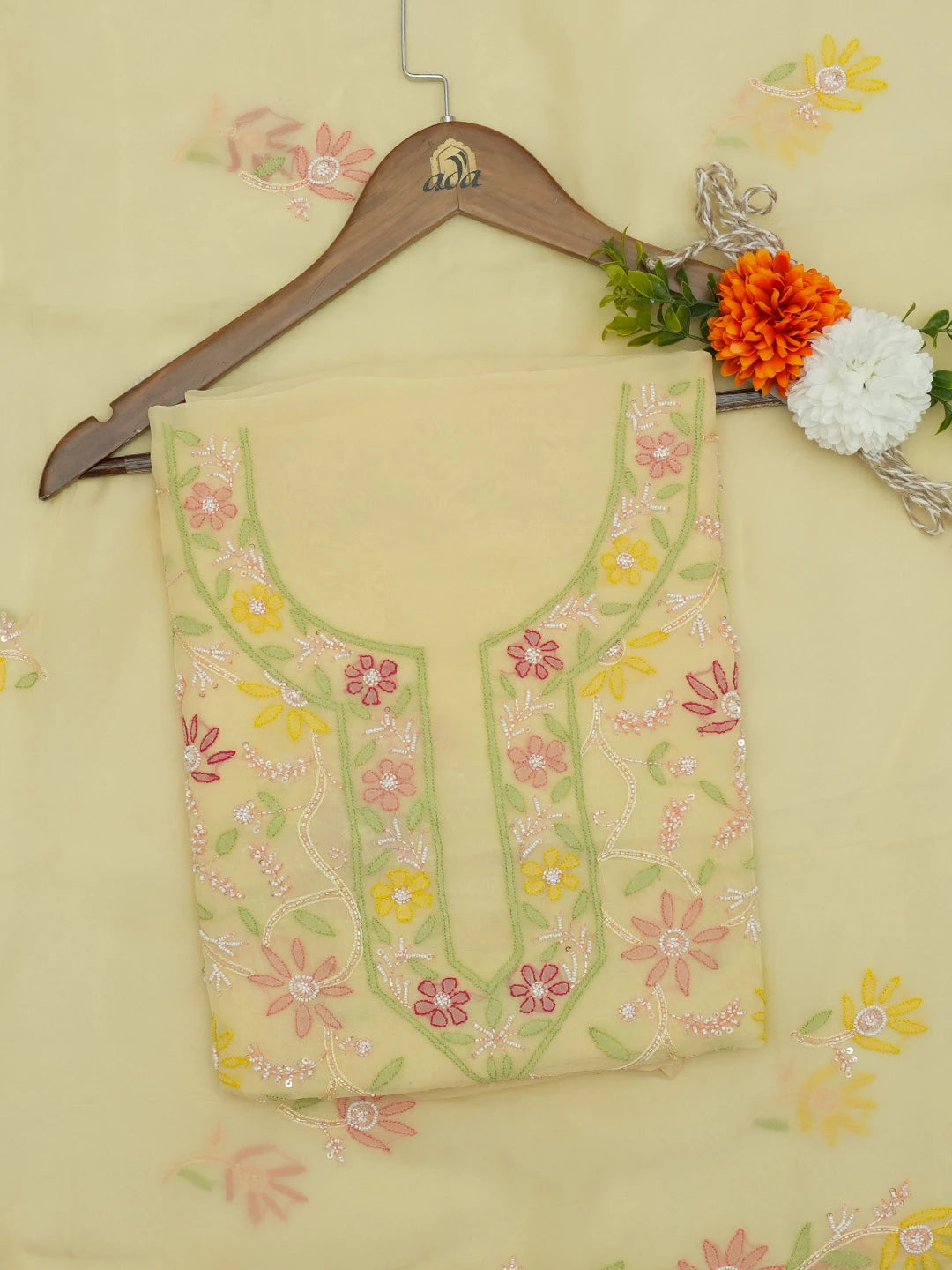 Ada Hand Embroidered Yellow Organza Lucknowi Chikankari Unstitched Kurta Dupatta Set With Pearl Work 01A439965