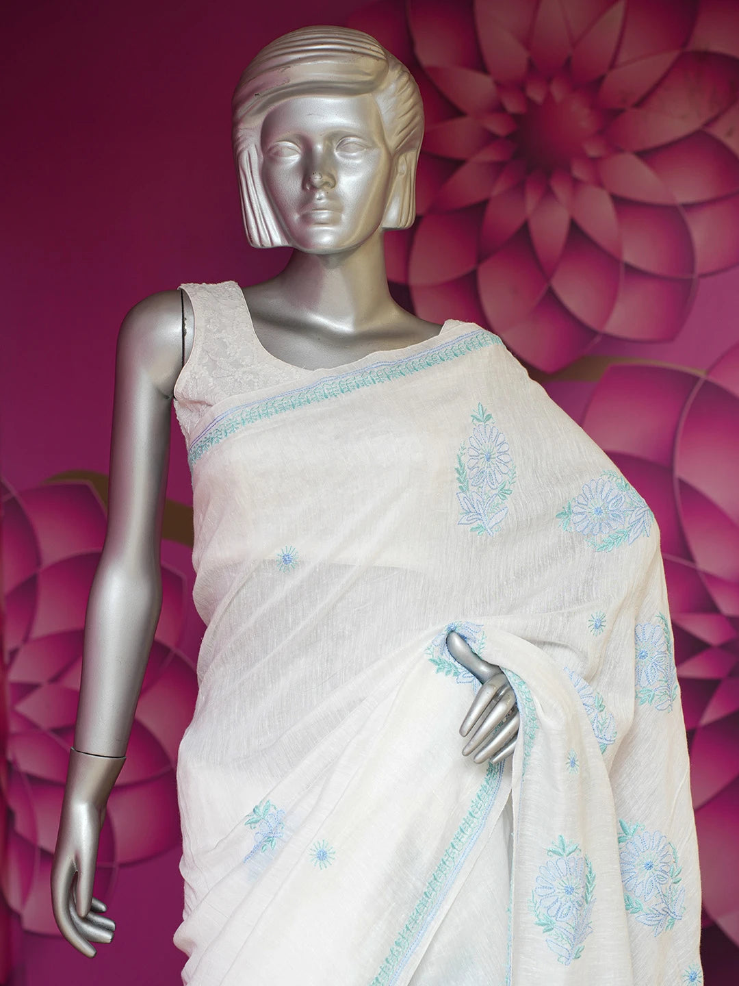 Ada Hand Embroidered White Chanderi Lucknowi Chikankari Saree With Blouse 01A645746