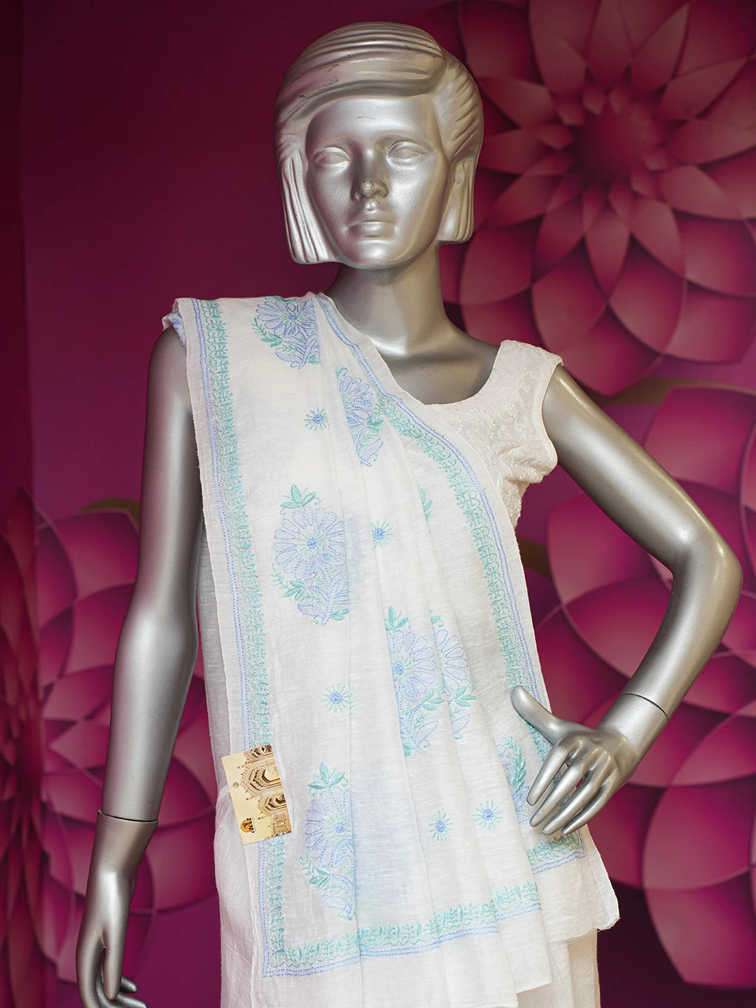 Ada Hand Embroidered White Chanderi Lucknowi Chikankari Saree With Blouse 01A645746