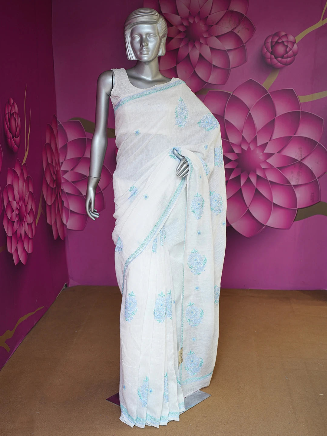 Ada Hand Embroidered White Chanderi Lucknowi Chikankari Saree With Blouse 01A645746
