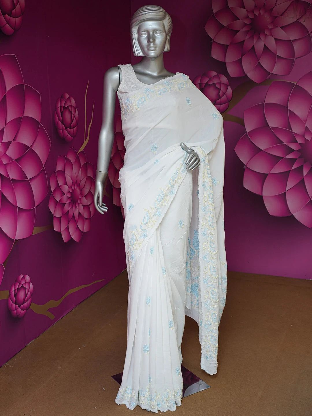 Ada Hand Embroidered White Cotton Lucknowi Chikankari Saree and Blouse 01A635412