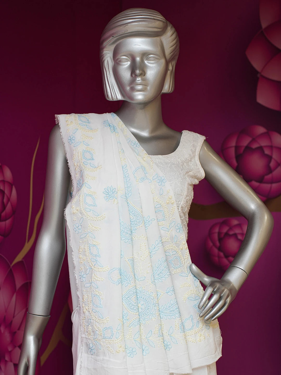 Ada Hand Embroidered White Cotton Lucknowi Chikankari Saree and Blouse 01A635412