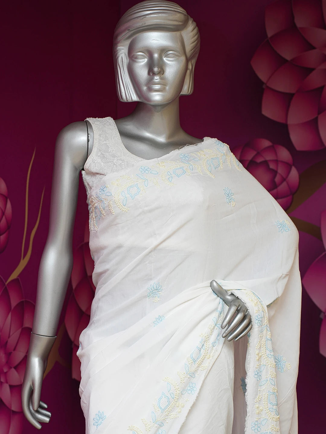 Ada Hand Embroidered White Cotton Lucknowi Chikankari Saree and Blouse 01A635412