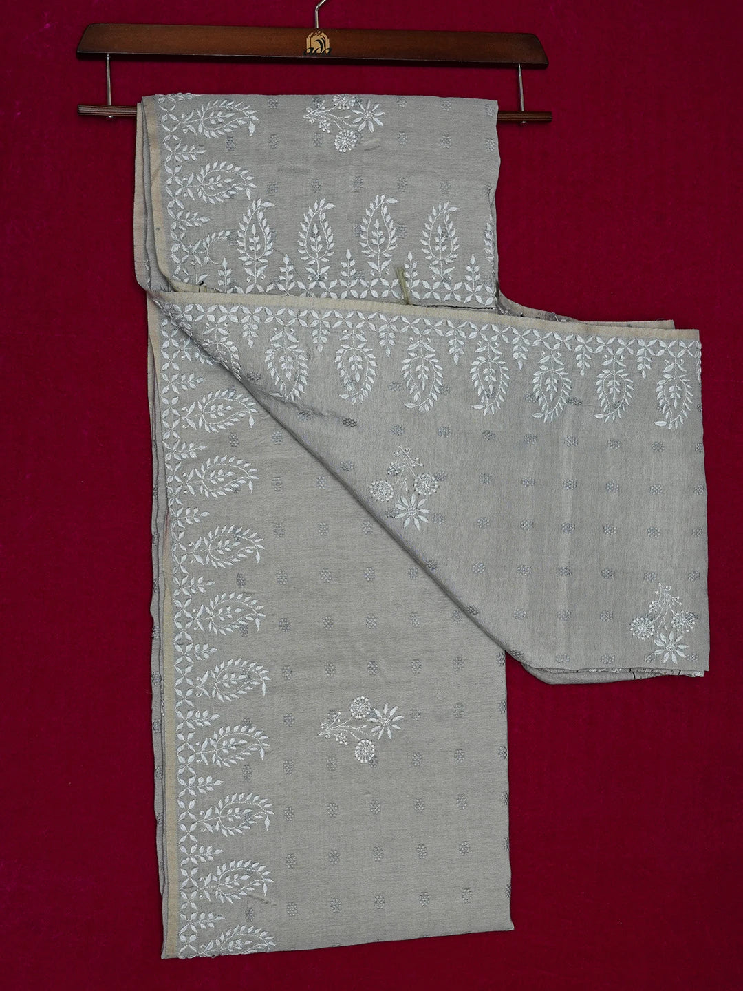 Ada Hand Embroidered Battleship Grey Silk Lucknowi Chikankari Saree With Blouse 01A376445