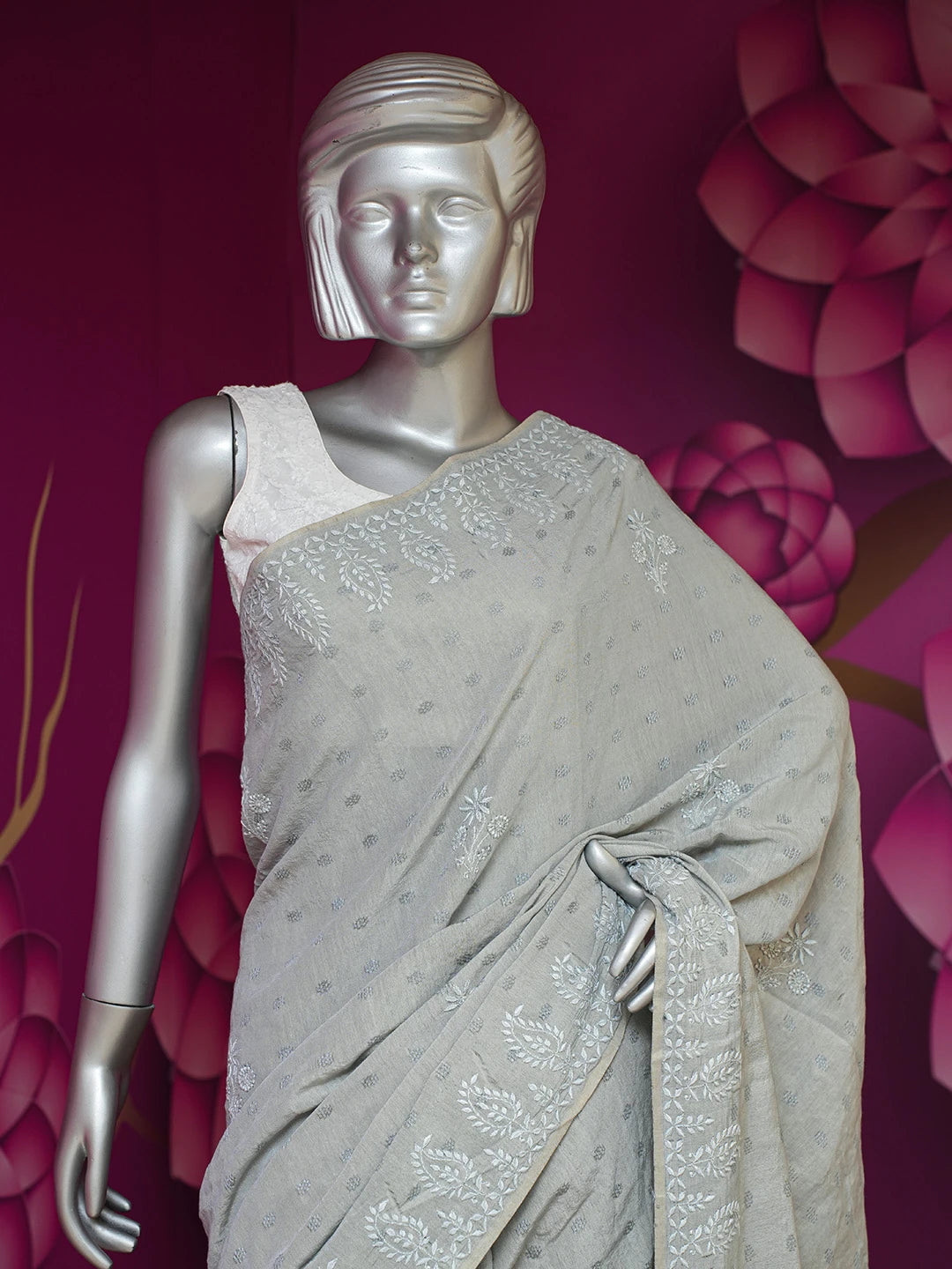 Ada Hand Embroidered Battleship Grey Silk Lucknowi Chikankari Saree With Blouse 01A376445