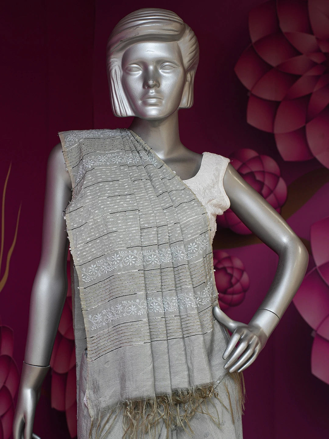 Ada Hand Embroidered Battleship Grey Silk Lucknowi Chikankari Saree With Blouse 01A376445