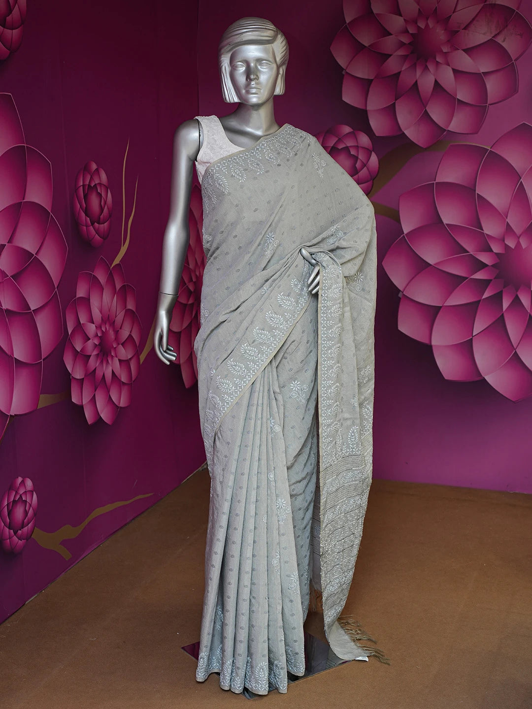 Ada Hand Embroidered Battleship Grey Silk Lucknowi Chikankari Saree With Blouse 01A376445