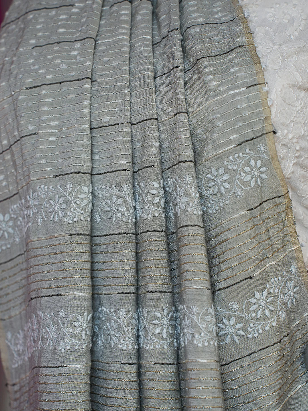 Ada Hand Embroidered Battleship Grey Silk Lucknowi Chikankari Saree With Blouse 01A376445