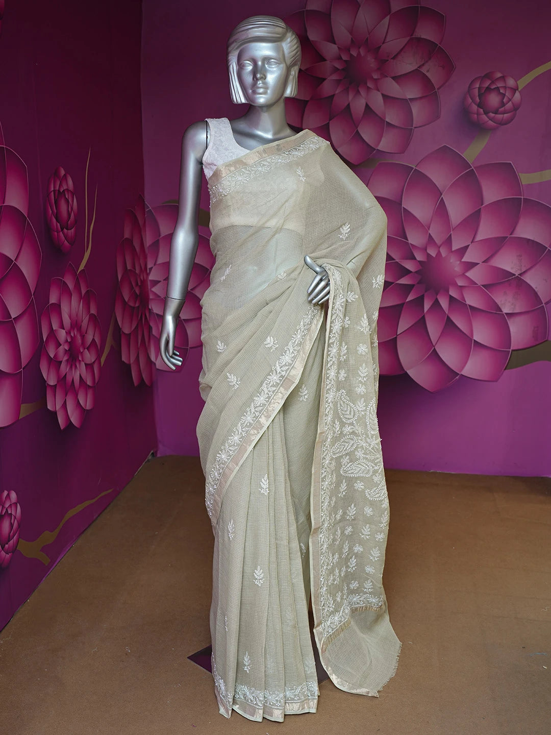 Ada Hand Embroidered Olive Green Kota Lucknowi Chikankari Saree and Blouse 01A693402