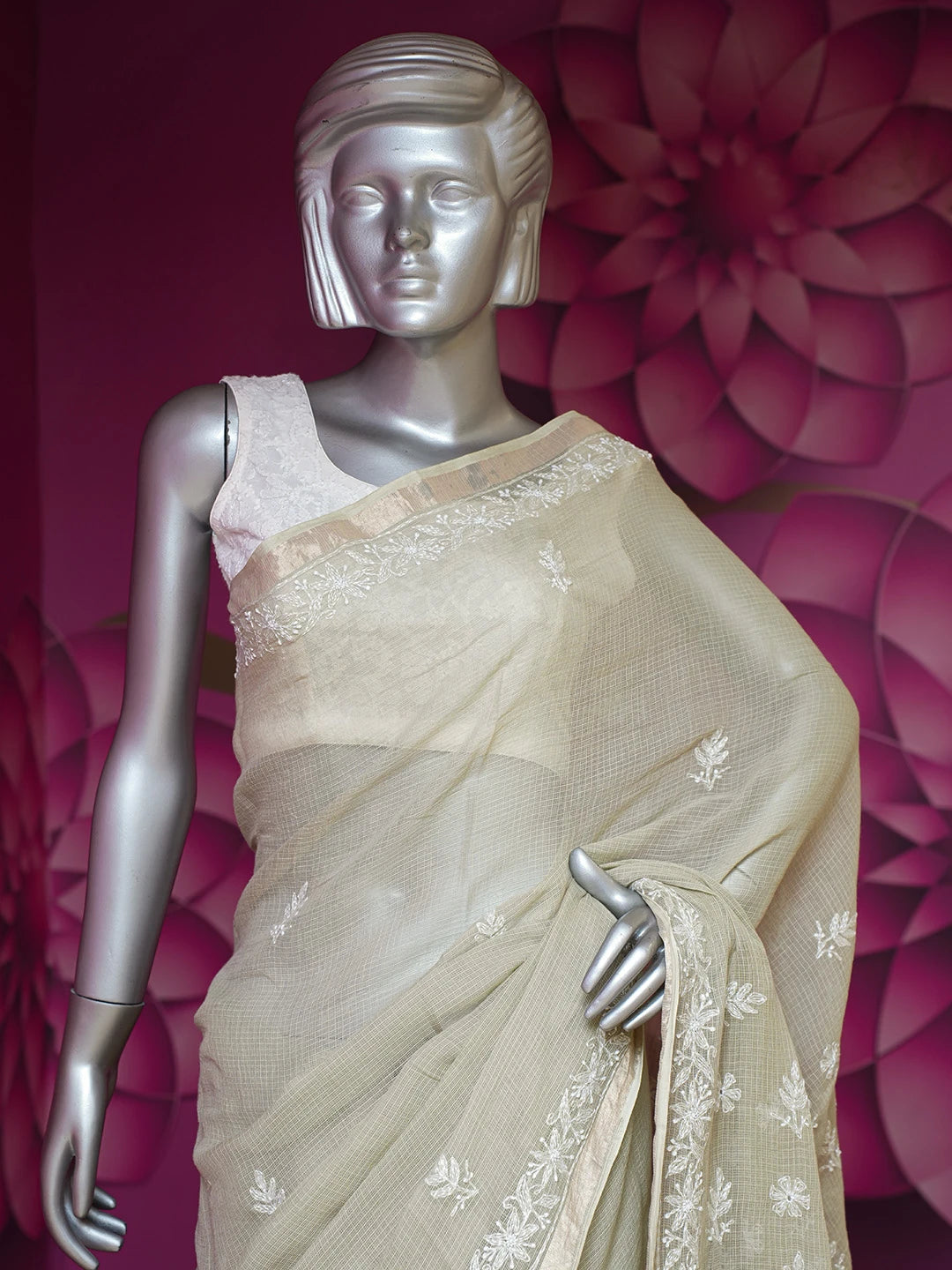 Ada Hand Embroidered Olive Green Kota Lucknowi Chikankari Saree and Blouse 01A693402