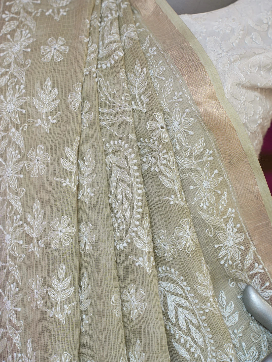 Ada Hand Embroidered Olive Green Kota Lucknowi Chikankari Saree and Blouse 01A693402