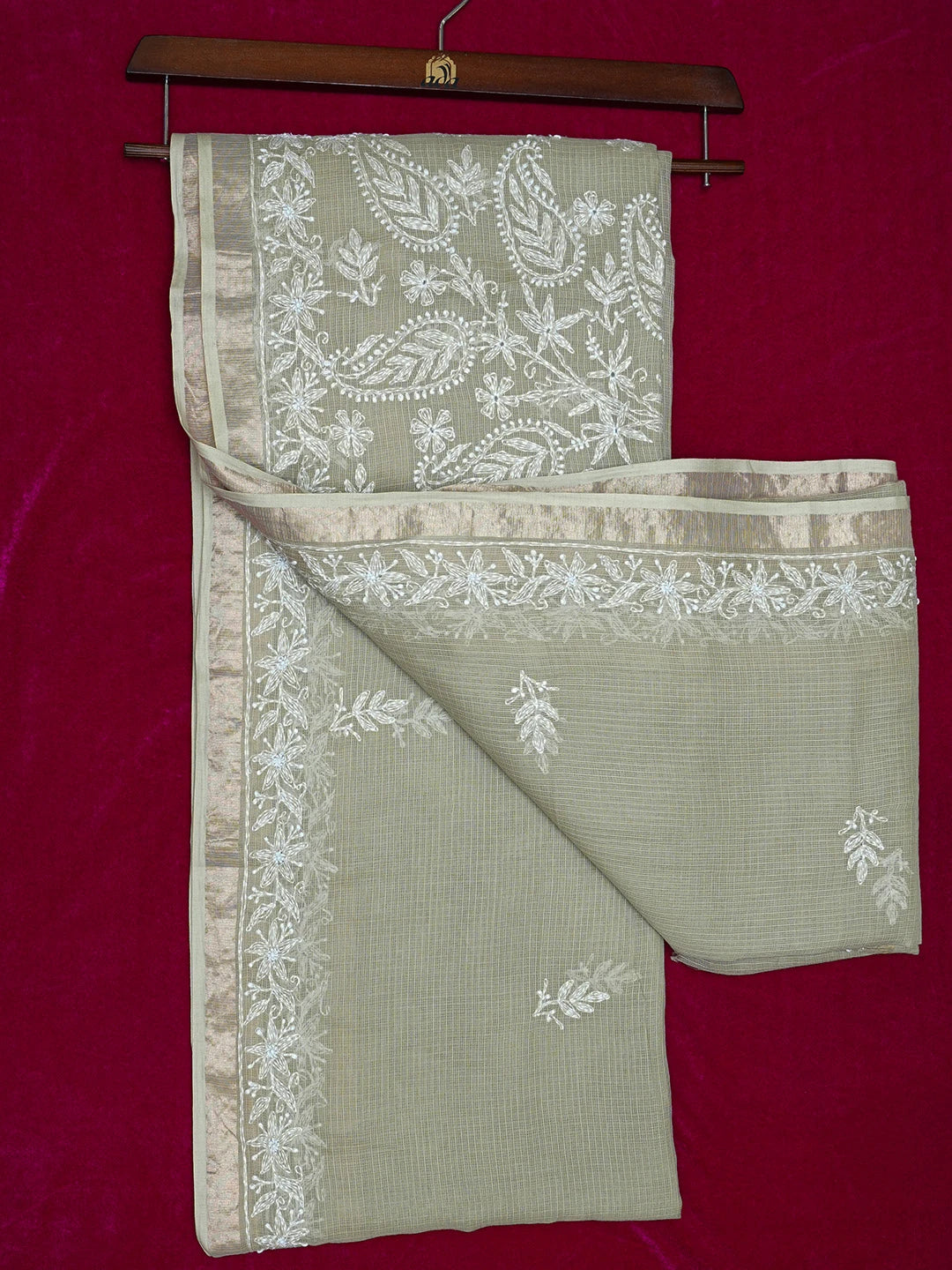 Ada Hand Embroidered Olive Green Kota Lucknowi Chikankari Saree and Blouse 01A693402