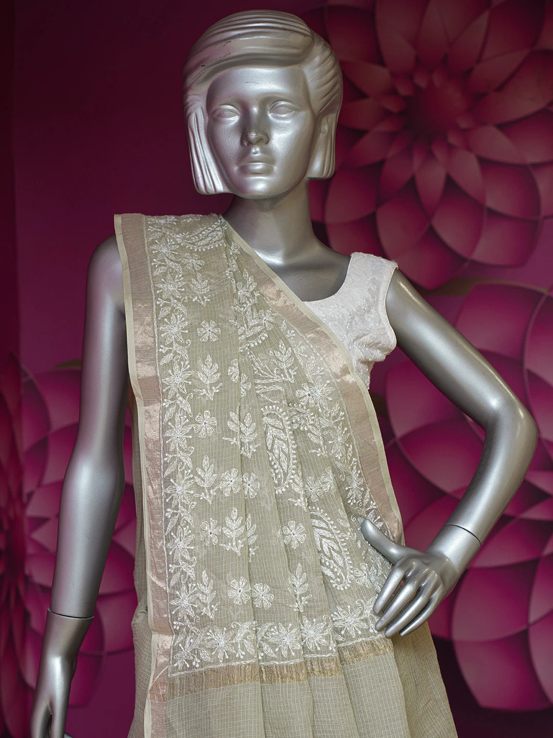 Ada Hand Embroidered Olive Green Kota Lucknowi Chikankari Saree and Blouse 01A693402