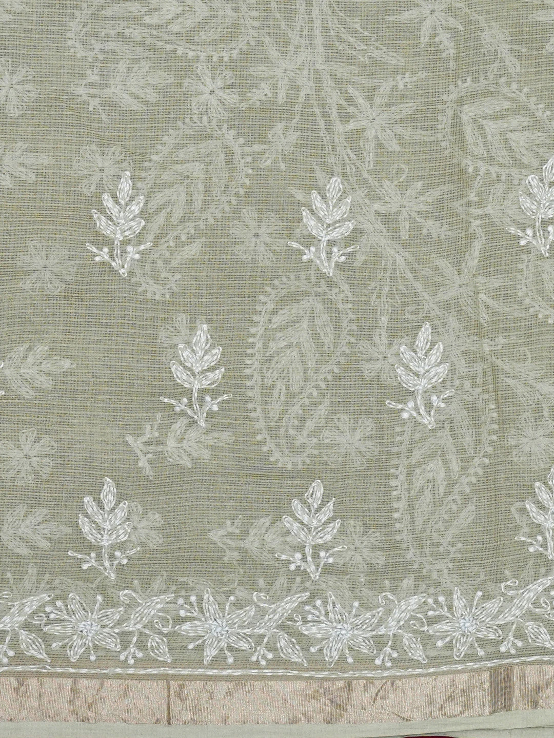 Ada Hand Embroidered Olive Green Kota Lucknowi Chikankari Saree and Blouse 01A693402