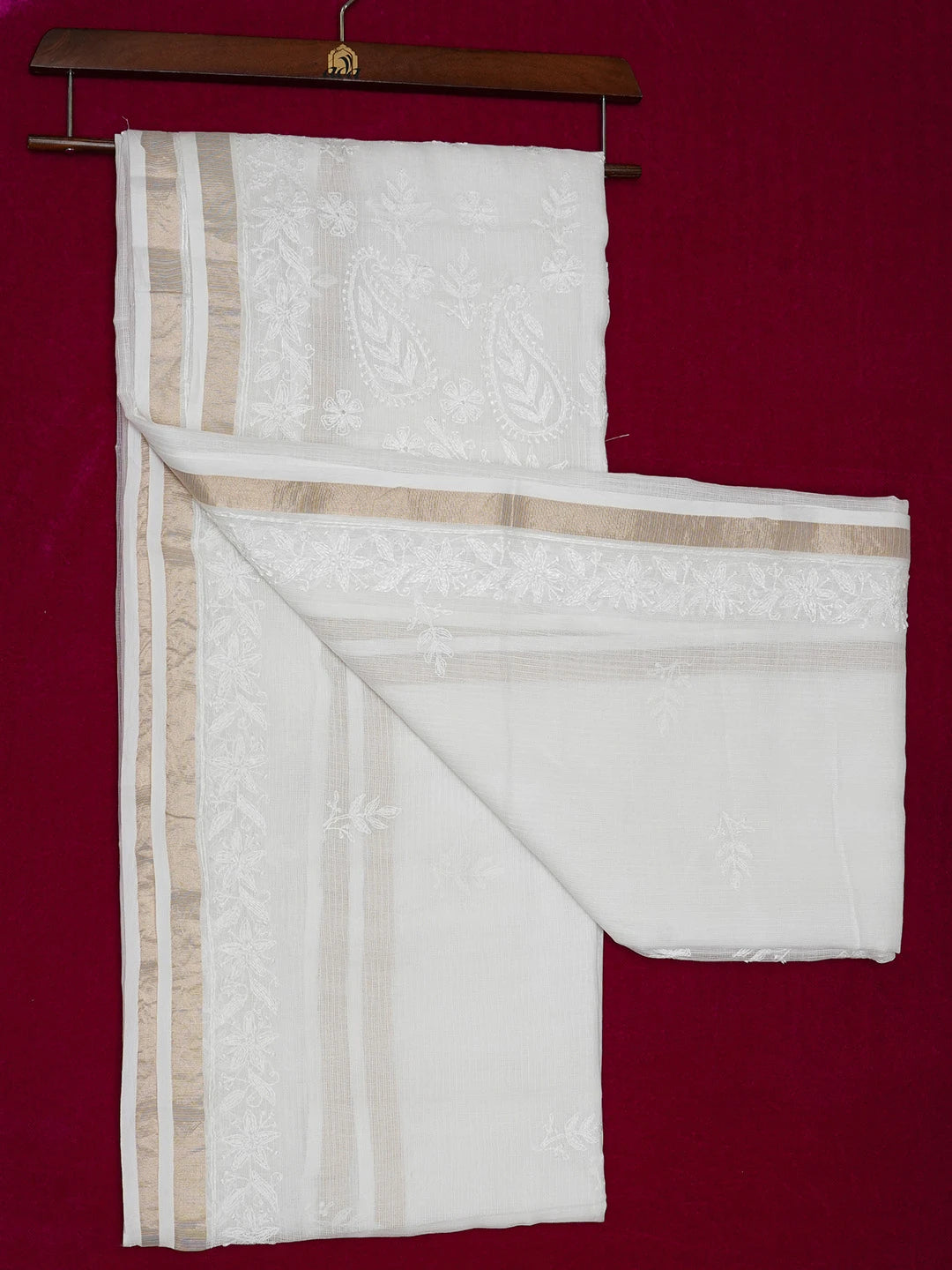 Ada Hand Embroidered White Kota Lucknowi Chikankari Saree and Blouse 01A675998