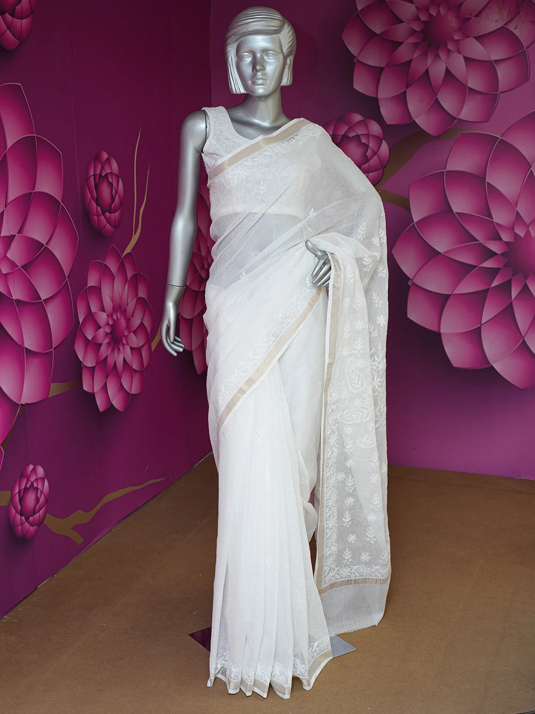 Ada Hand Embroidered White Kota Lucknowi Chikankari Saree and Blouse 01A675998