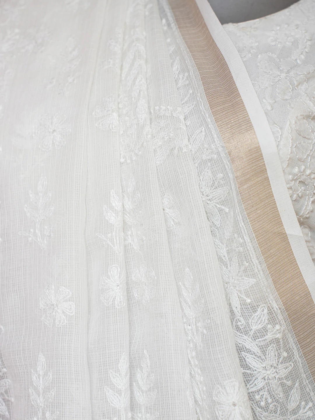 Ada Hand Embroidered White Kota Lucknowi Chikankari Saree and Blouse 01A675998