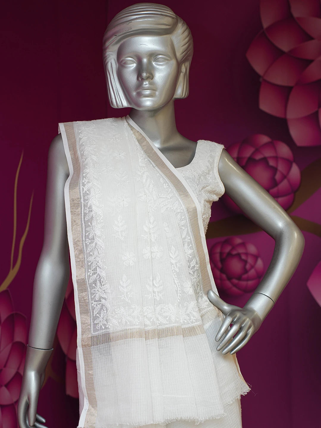 Ada Hand Embroidered White Kota Lucknowi Chikankari Saree and Blouse 01A675998