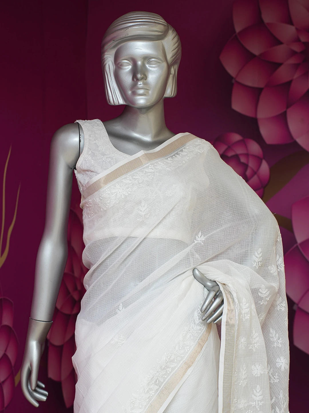 Ada Hand Embroidered White Kota Lucknowi Chikankari Saree and Blouse 01A675998