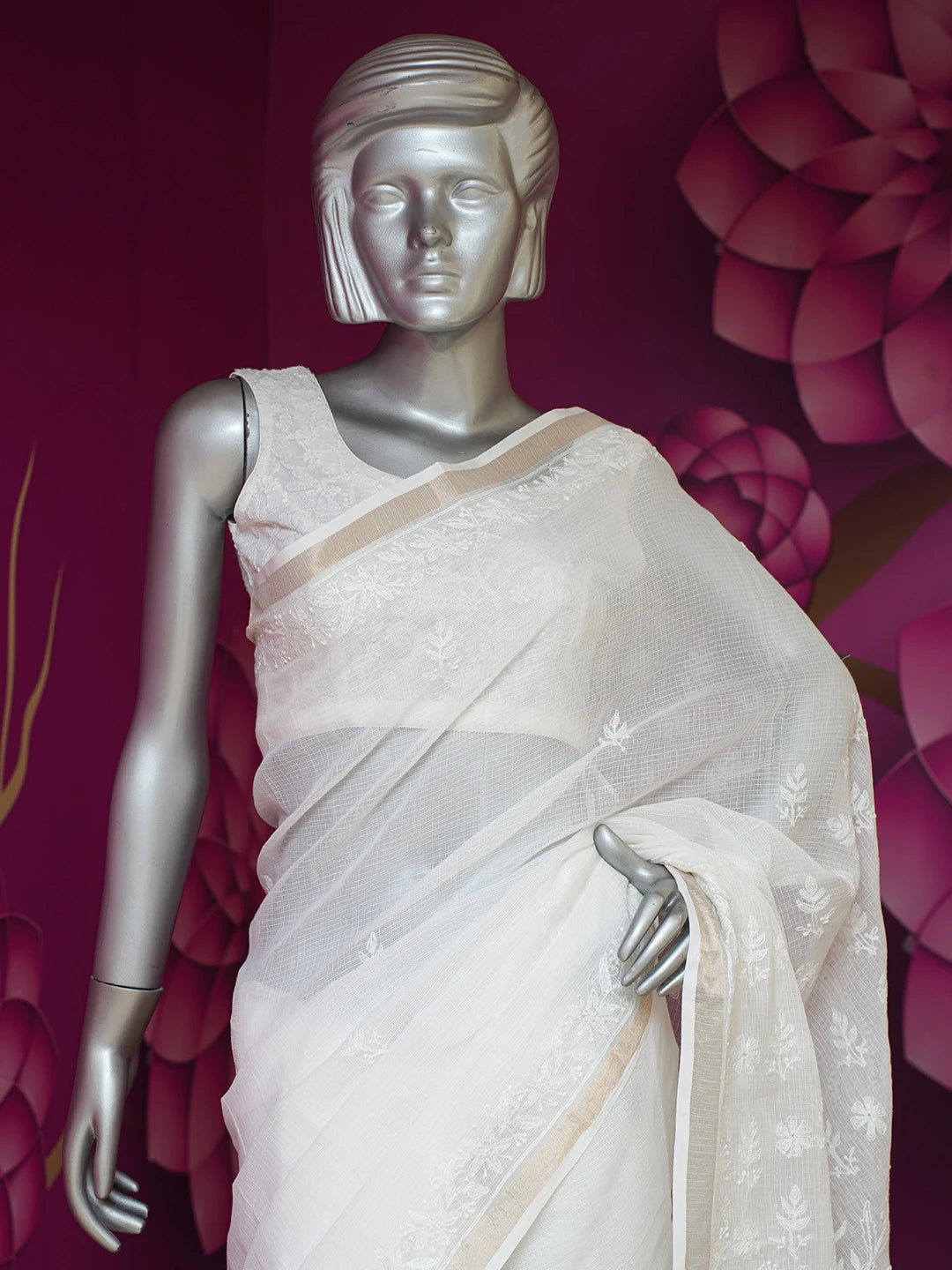 Ada Hand Embroidered White Kota Lucknowi Chikankari Saree and Blouse 01A675998