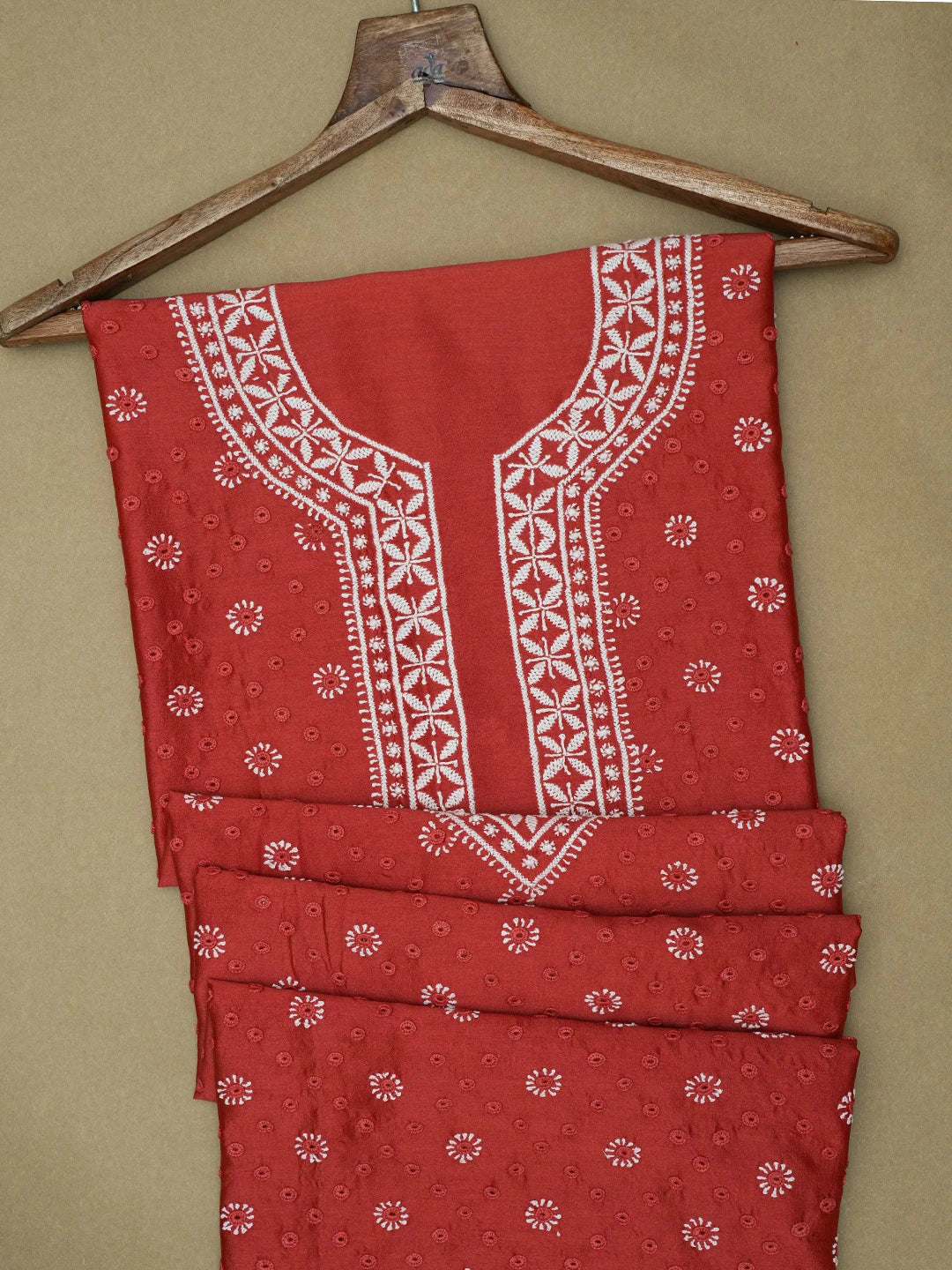 Ada Hand Embroidered Red Chanderi Lucknowi Chikankari Unstitched Men's Kurta Piece 01A697147