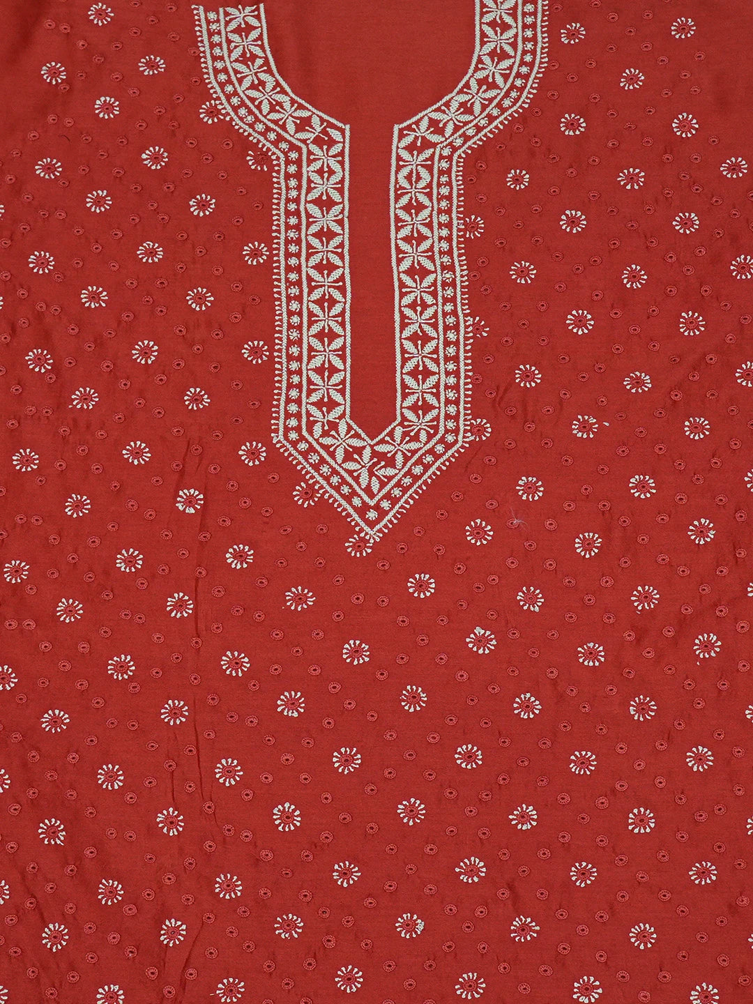 Ada Hand Embroidered Red Chanderi Lucknowi Chikankari Unstitched Men's Kurta Piece 01A697147