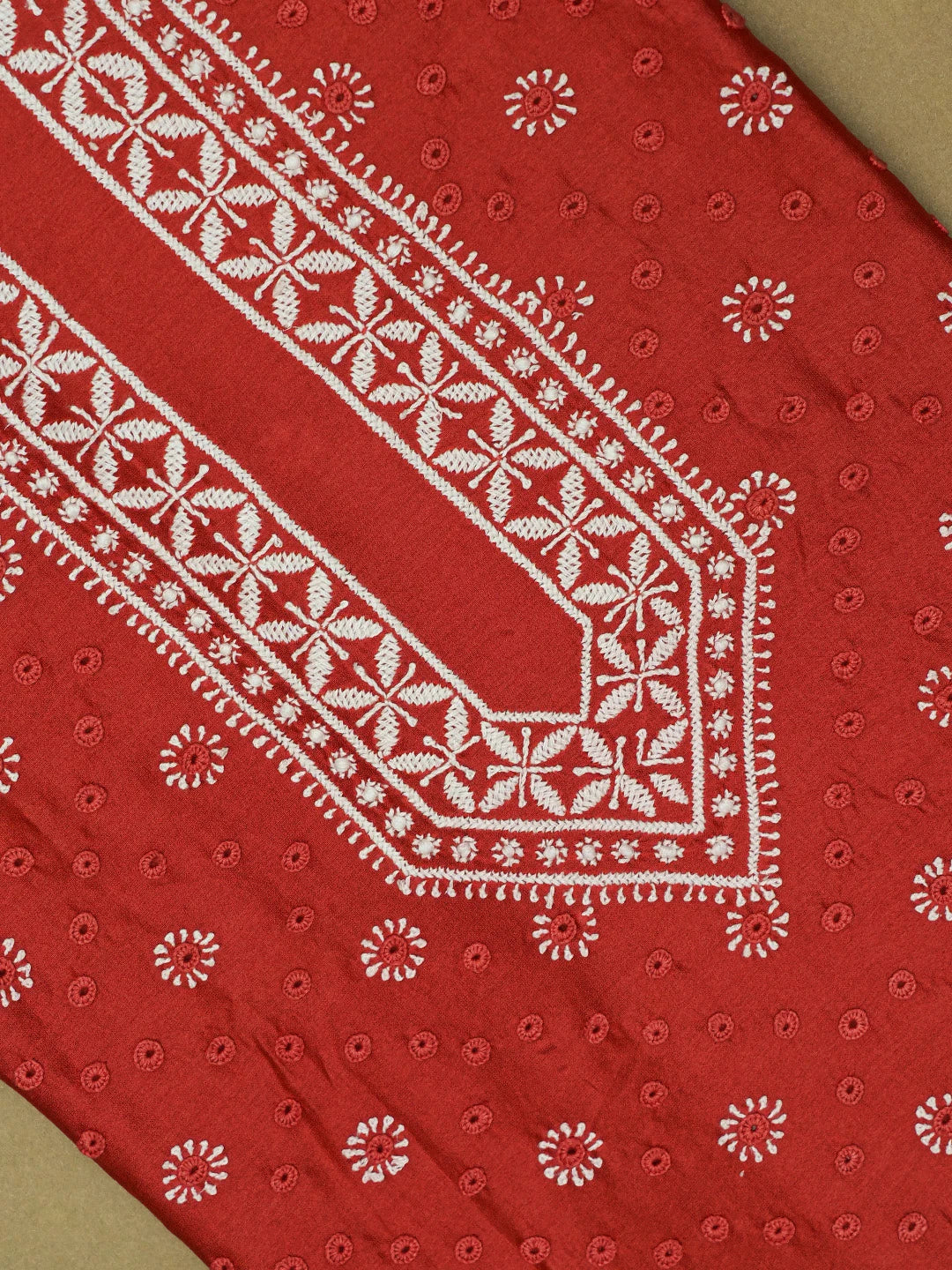 Ada Hand Embroidered Red Chanderi Lucknowi Chikankari Unstitched Men's Kurta Piece 01A697147