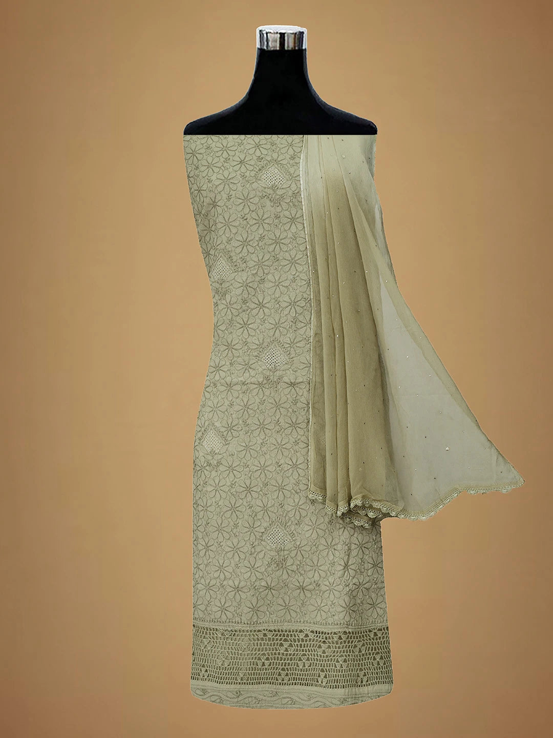 Ada Hand Embroidered Yuma Fawn Cotton Lucknowi Chikankari Unstitched Suit Piece With Muqaish Work 01A692457