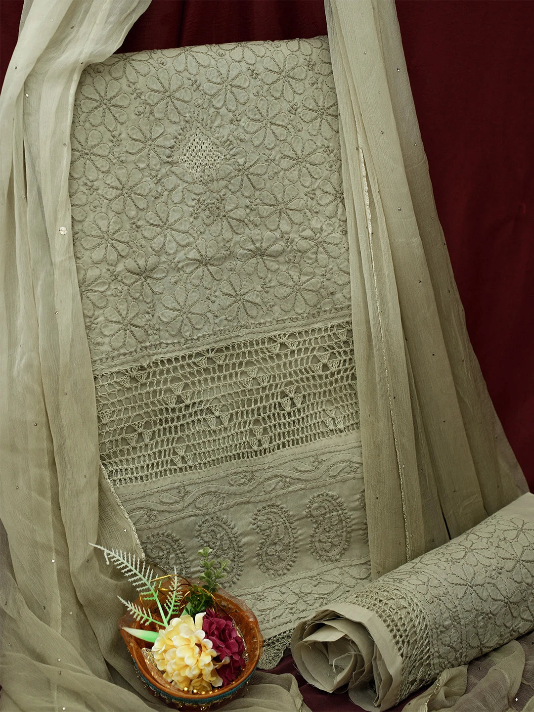 Ada Hand Embroidered Yuma Fawn Cotton Lucknowi Chikankari Unstitched Suit Piece With Muqaish Work 01A692457