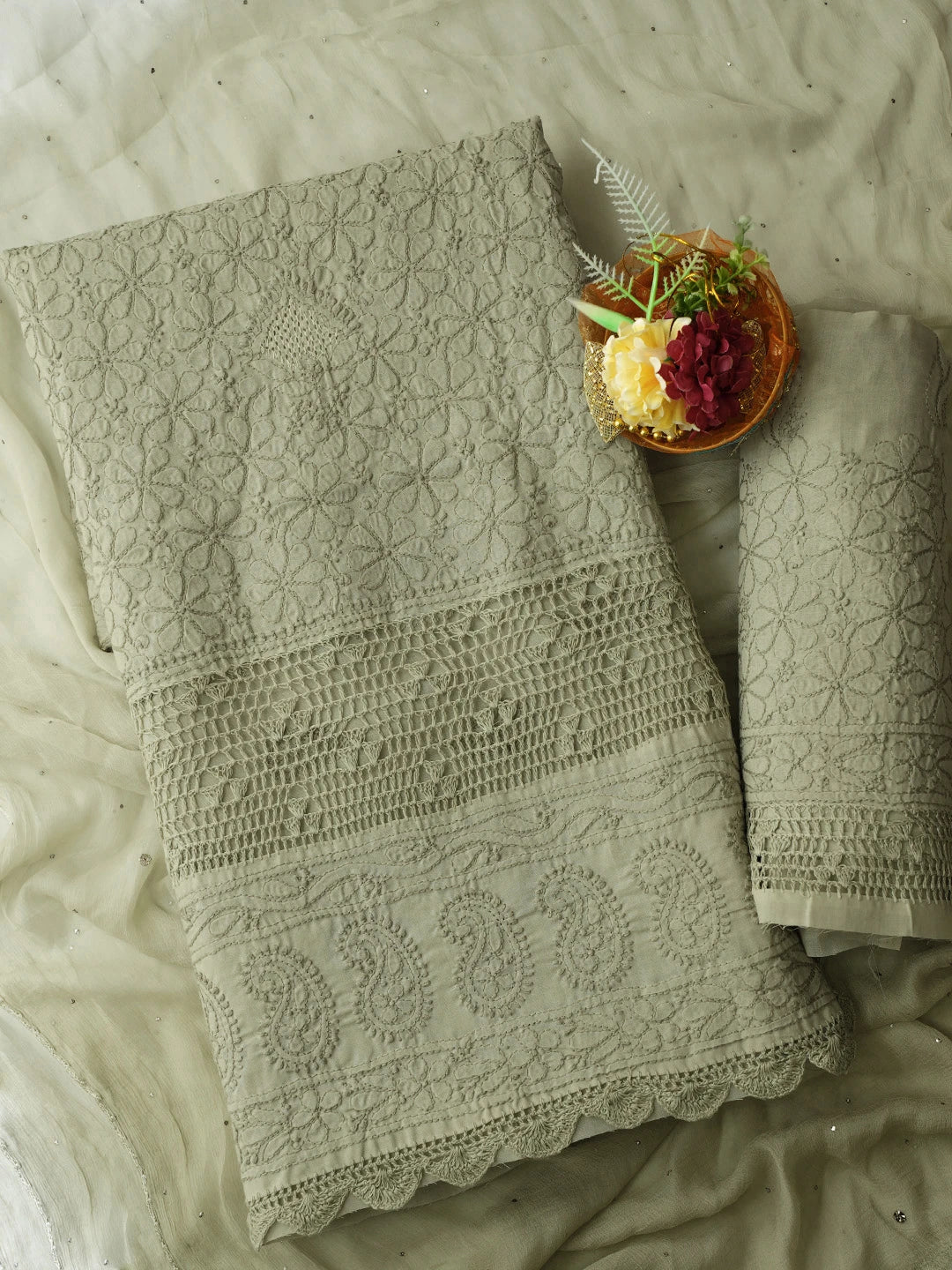 Ada Hand Embroidered Yuma Fawn Cotton Lucknowi Chikankari Unstitched Suit Piece With Muqaish Work 01A692457