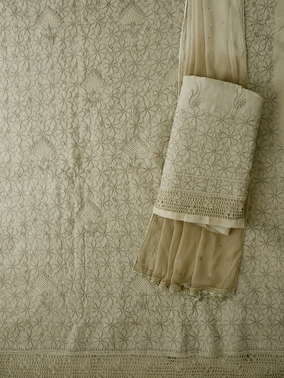 Ada Hand Embroidered Yuma Fawn Cotton Lucknowi Chikankari Unstitched Suit Piece With Muqaish Work 01A692457