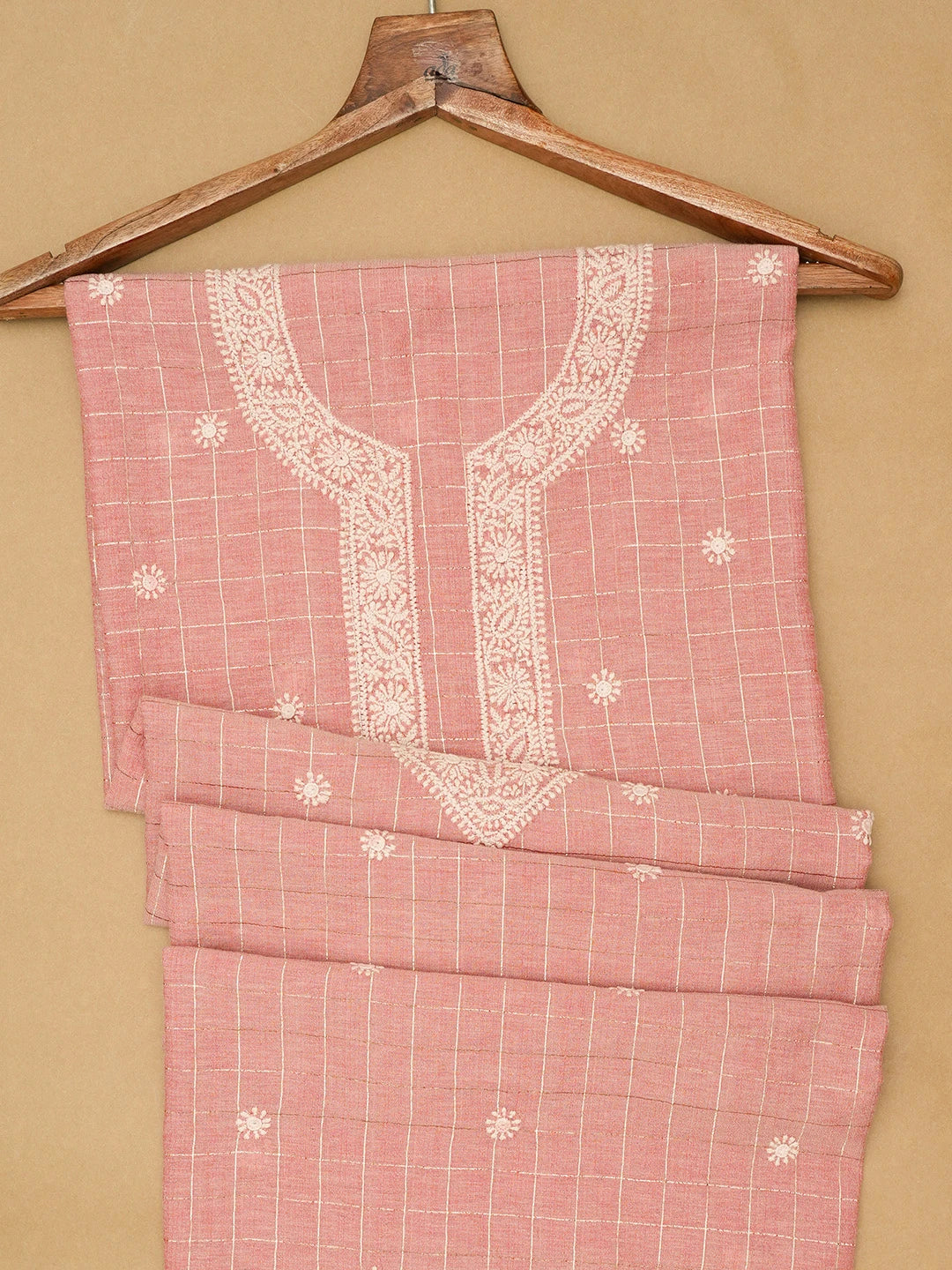 Ada Hand Embroidered Peach Chanderi Lucknowi Chikankari Unstitched Men's Kurta Piece 01A289823
