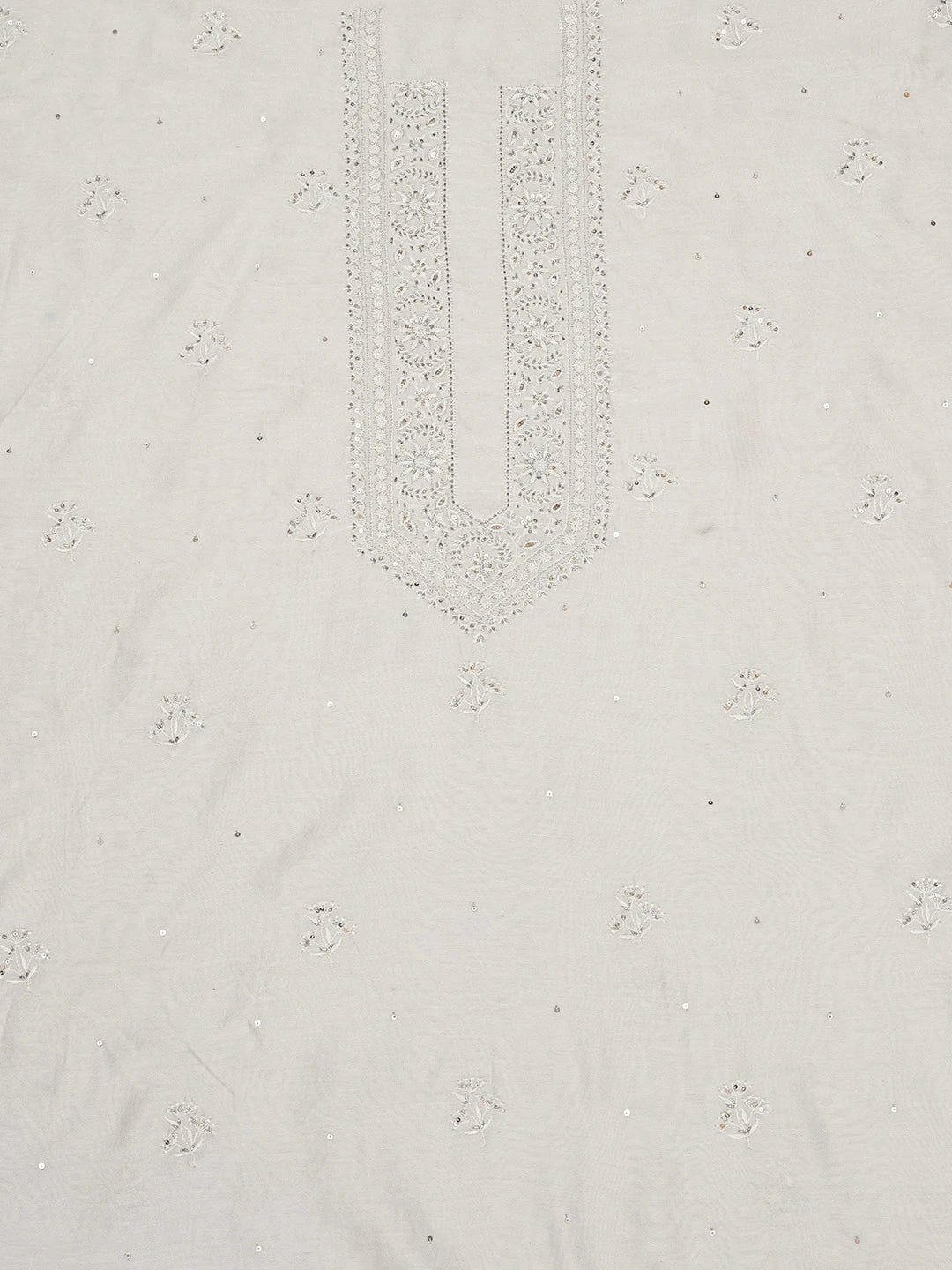 Ada Hand Embroidered Light Grey Chanderi Lucknowi Chikankari Unstitched Men's Kurta Piece With Cutdana Work 01A654038