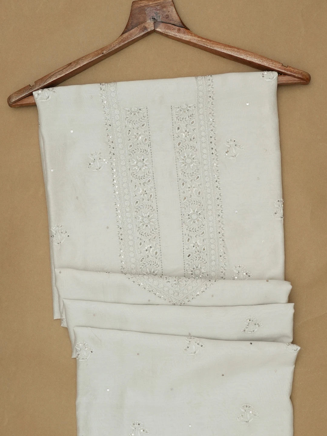 Ada Hand Embroidered Light Grey Chanderi Lucknowi Chikankari Unstitched Men's Kurta Piece With Cutdana Work 01A654038