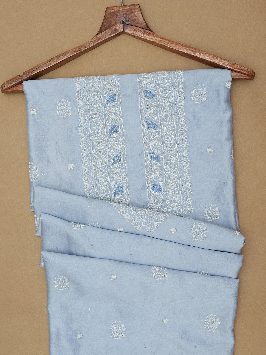 Ada Hand Embroidered Carolina Blue Chanderi Lucknowi Chikankari Unstitched Men's Kurta Piece With Cutdana Work 01A682640