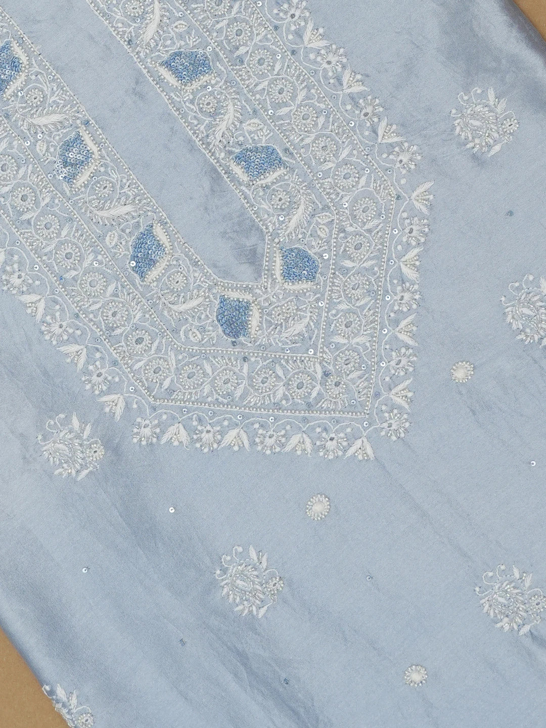 Ada Hand Embroidered Carolina Blue Chanderi Lucknowi Chikankari Unstitched Men's Kurta Piece With Cutdana Work 01A682640