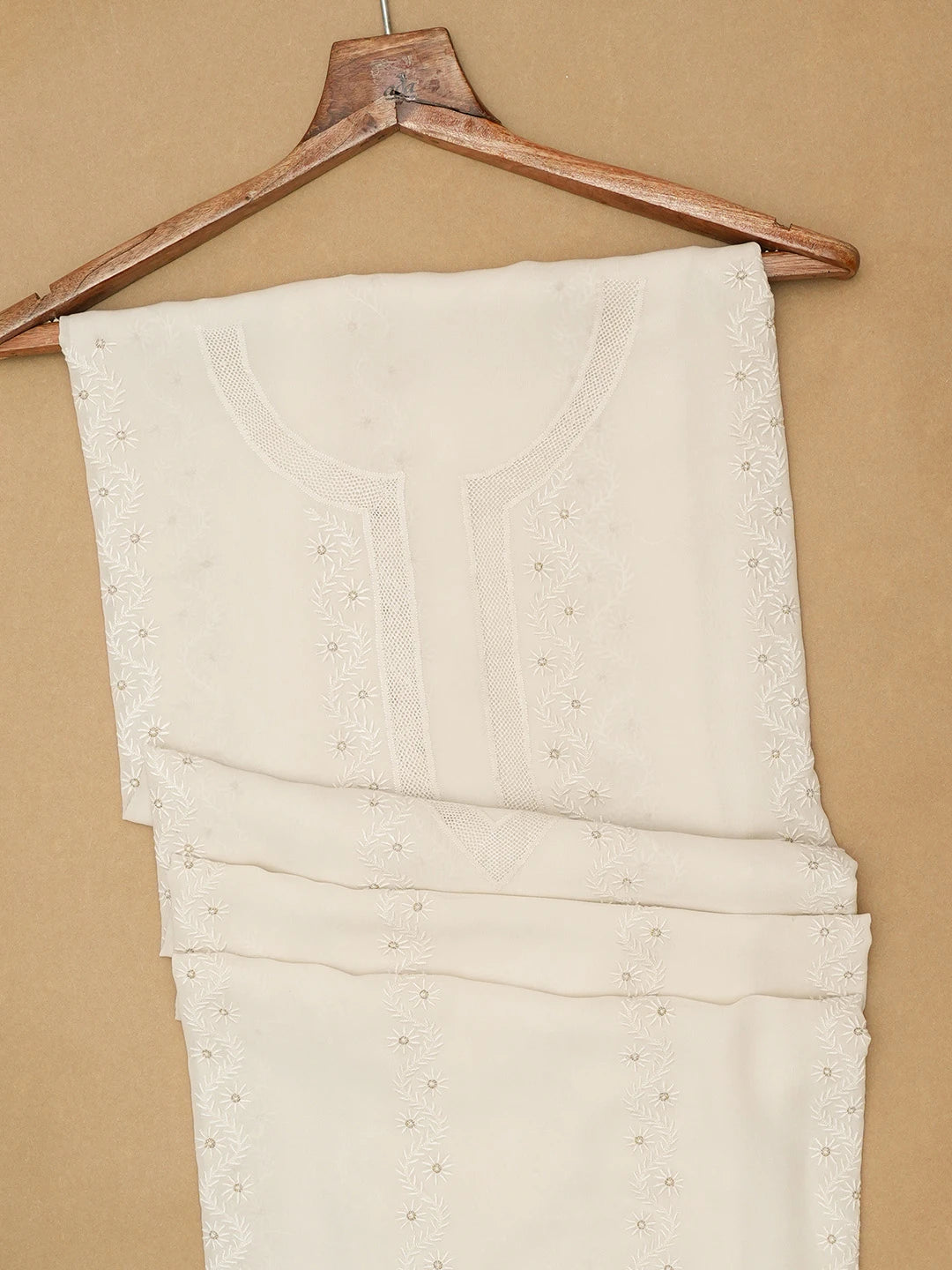 Ada Hand Embroidered Off White Pure Georgette Lucknowi Chikankari Unstitched Men's Kurta Piece With Zari Work A600717
