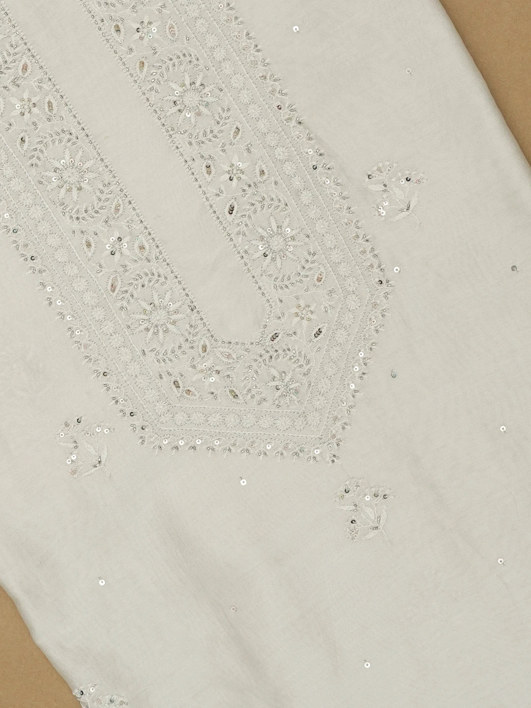 Ada Hand Embroidered Light Grey Chanderi Lucknowi Chikankari Unstitched Men's Kurta Piece With Cutdana Work 01A654038