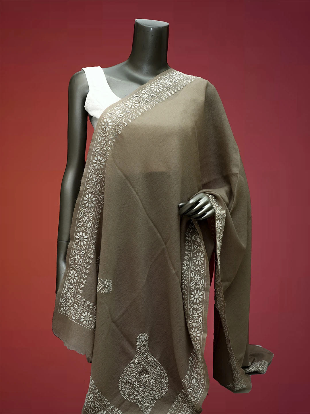 Ada Hand Embroidered Grey Pashmina Lucknowi Chikankari Do Taar Stole A599938