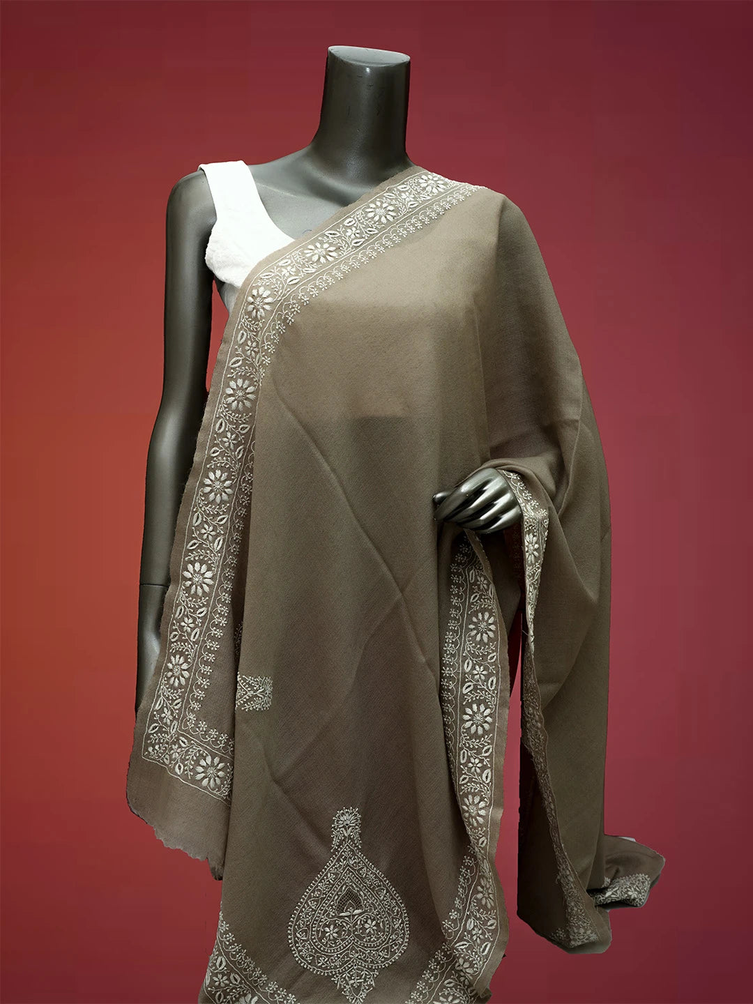 Ada Hand Embroidered Grey Pashmina Lucknowi Chikankari Do Taar Stole A599938