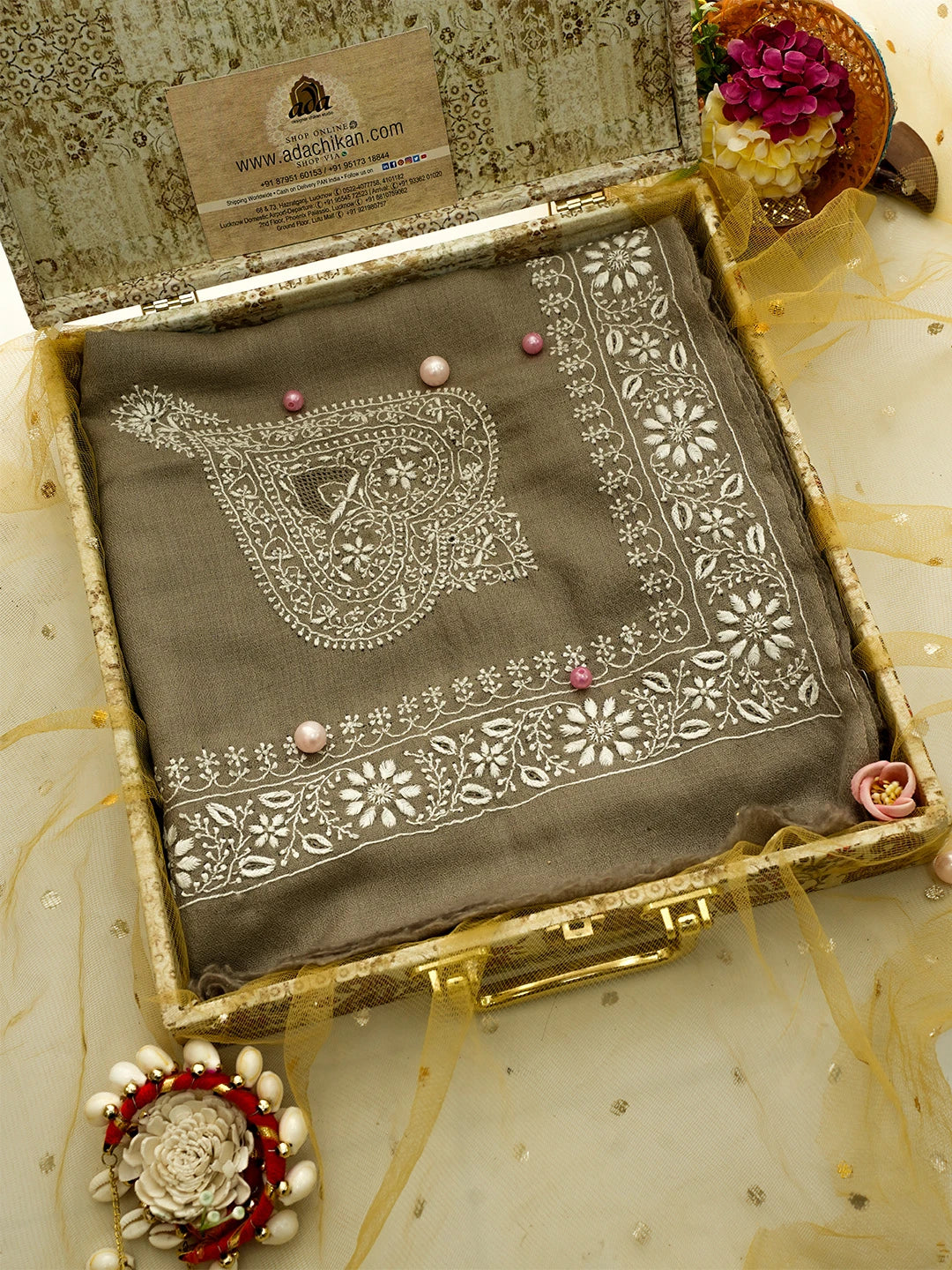 Ada Hand Embroidered Grey Pashmina Lucknowi Chikankari Do Taar Stole A599938